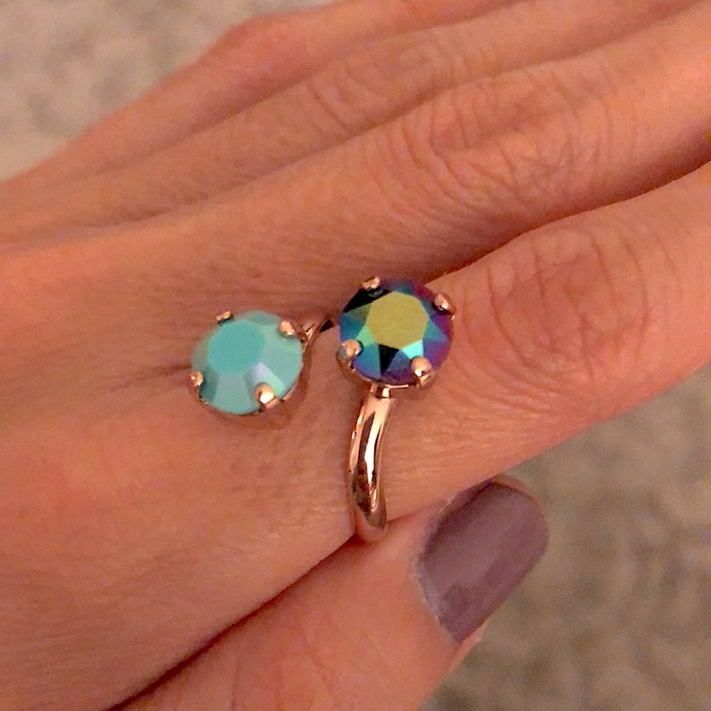 Iridescent Turquoise + Peacock Fuchsia Teal Rose Gold Crystal Ring - Picture 2 of 15